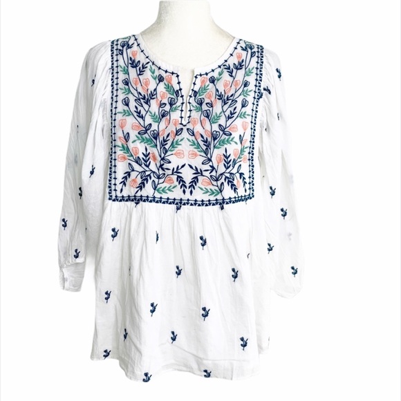 Pink Chicken Tops - Pink Chicken Embroidered Cotton Peasant Blouse M